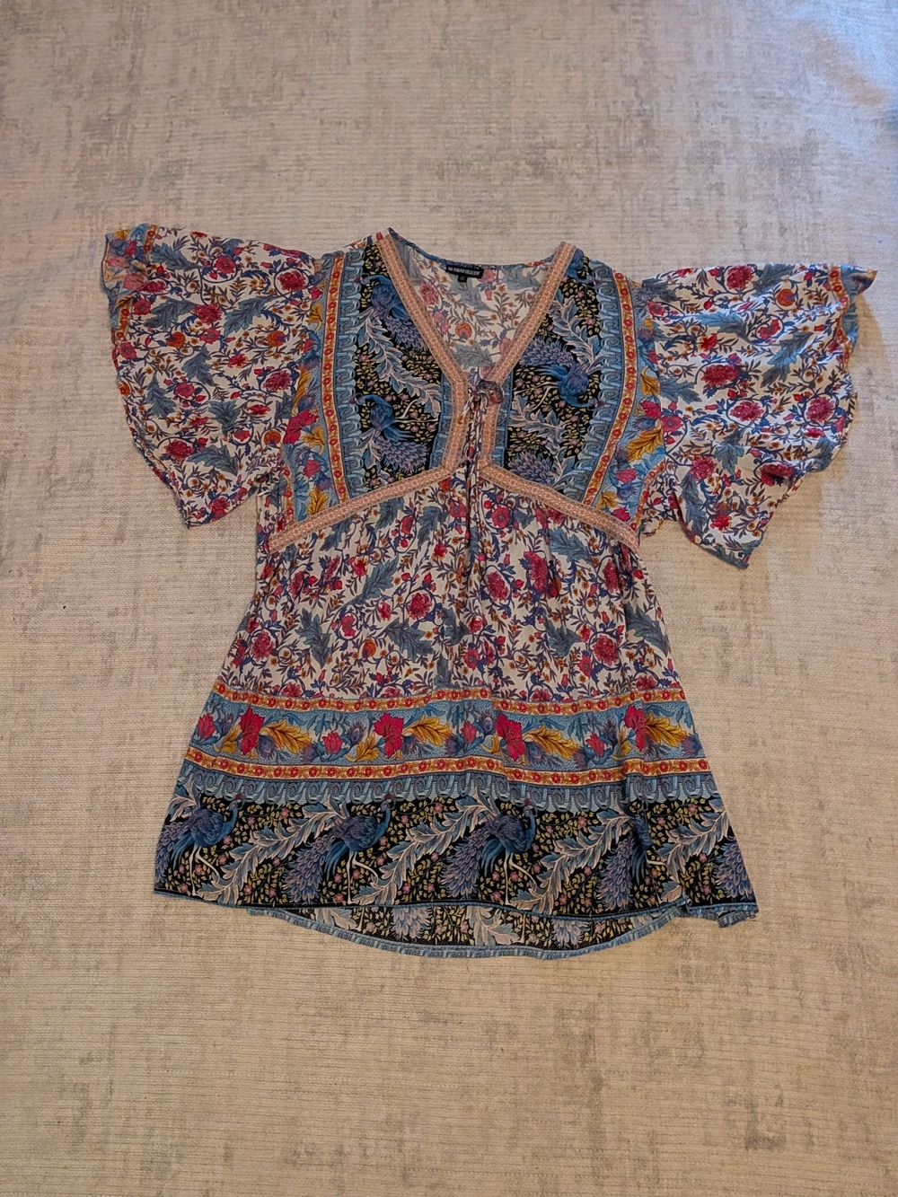 The Pyramid Collection Floral Peasant Tunic in Blue, Pink and Cream